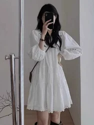 White Bubble Sleeve Shirt Dress Women's Spring Autumn Travel Long Sleeve Tourist Wear High Waist A-Line Skirt Sweet Style