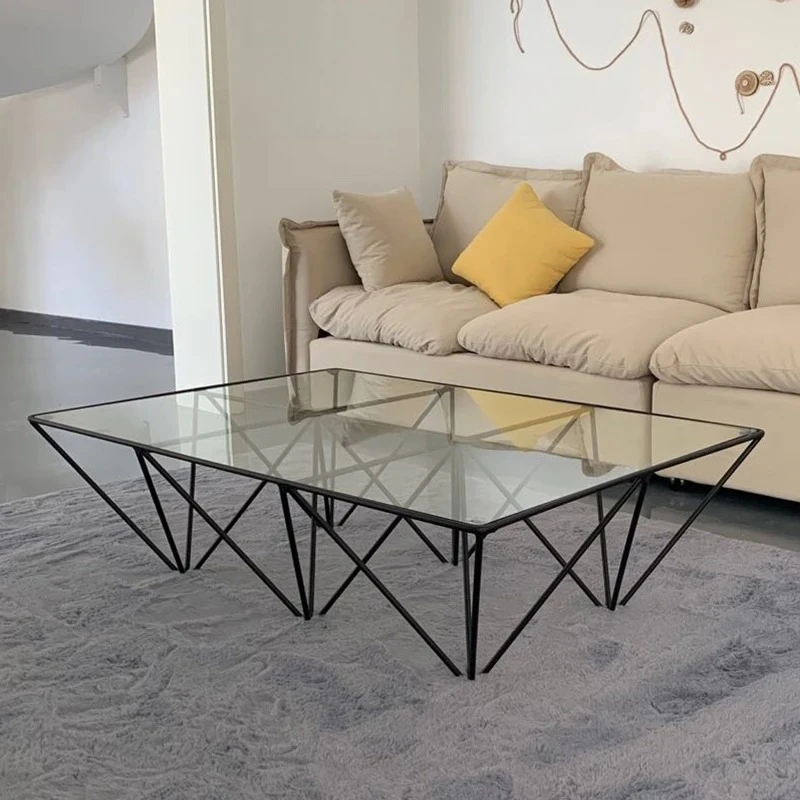 Iron Art Geometric Ultra-clear Tempered Glass Creative Square Coffee Table Sofa Table Simple Modern