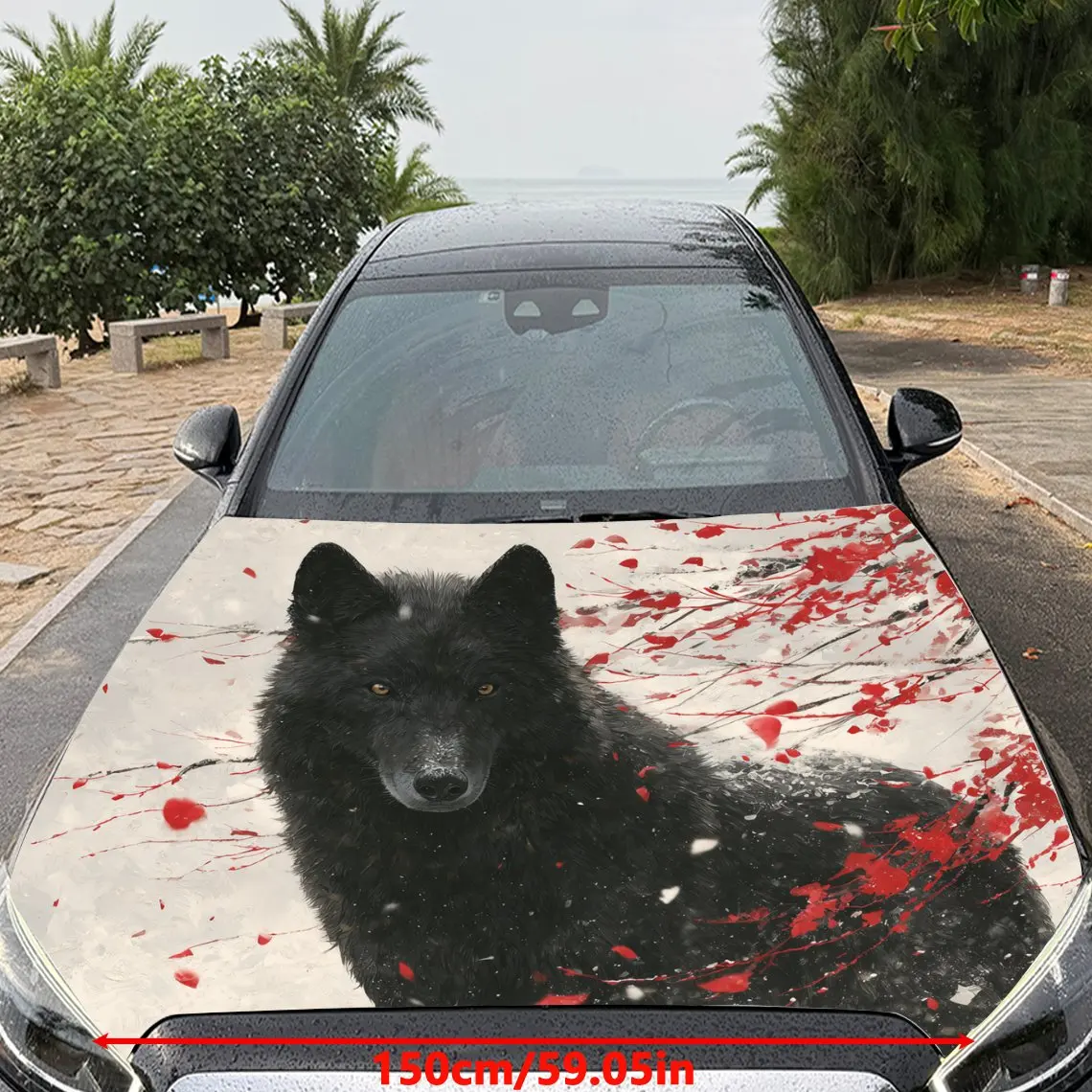 Car Decals Black Wolf With A Steady Gaze, Set Against A Backdrop Splattered With Striking Red And White Hues Car Hood Sticker, W