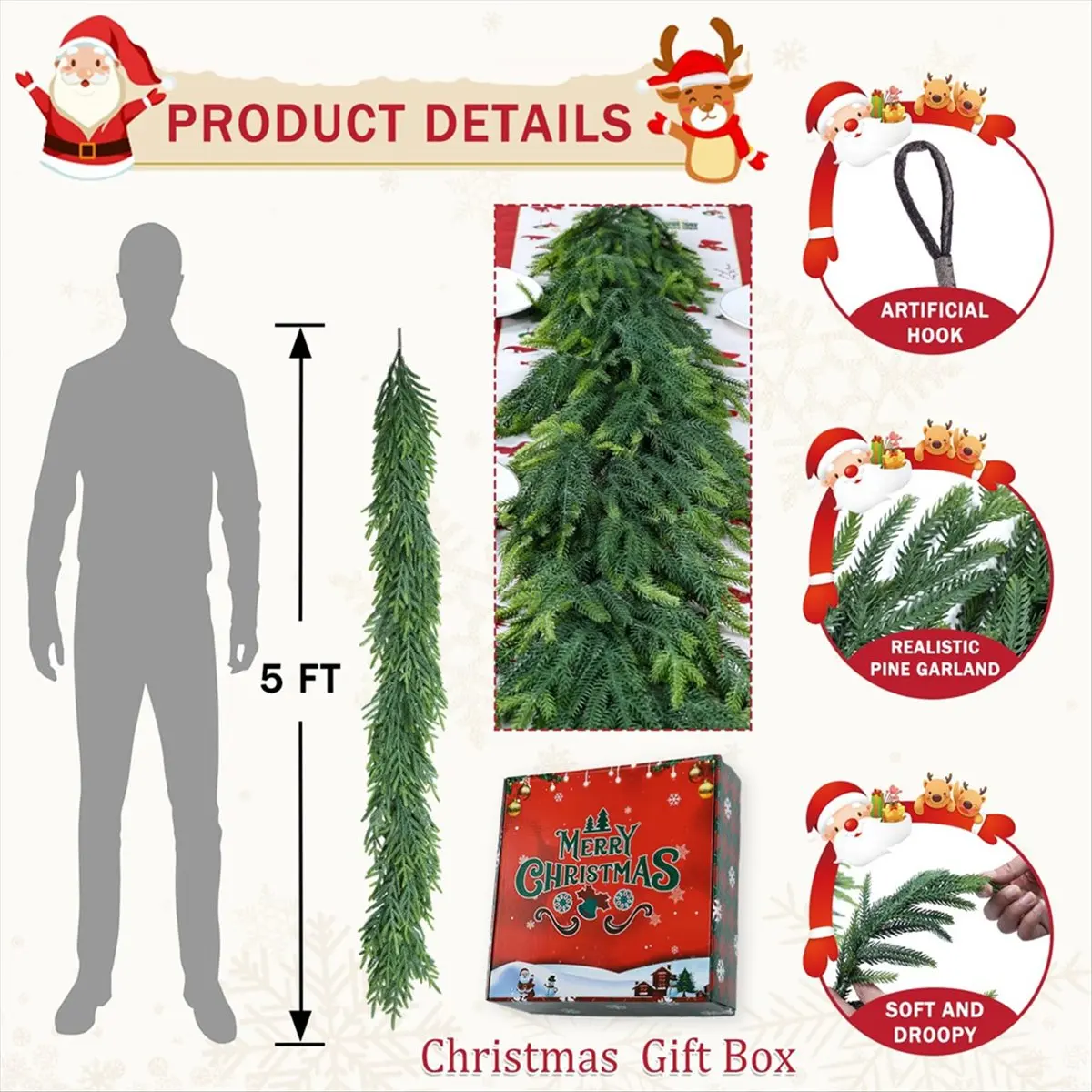 

5 Ft Christmas Cedar Garland for Staircase Real Touch SoftDroopy Bendable Lifelike Faux Xmas Garlands for Decoration