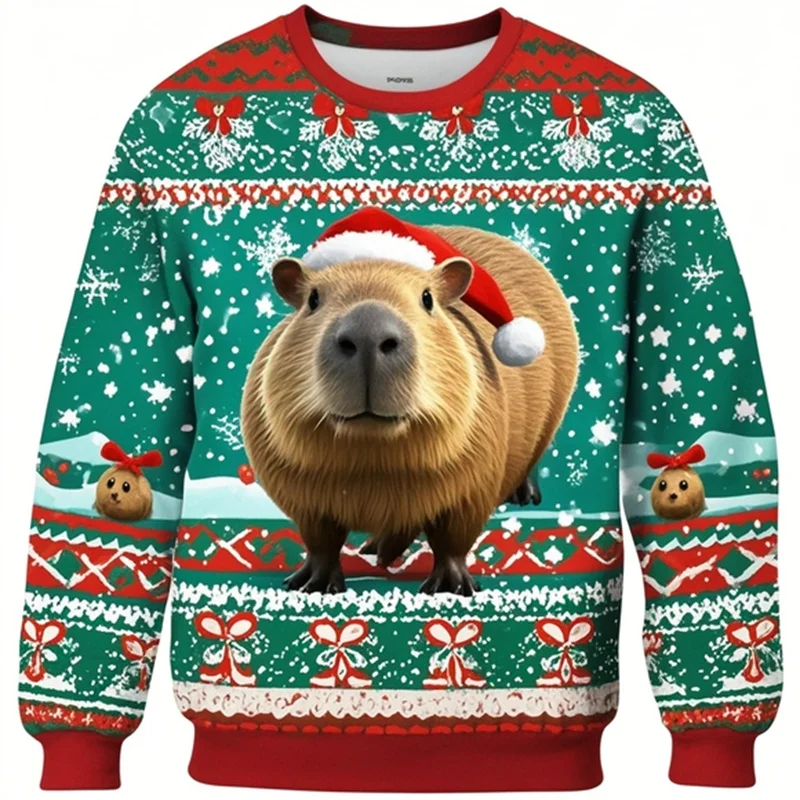 Capybara Graphic Christmas Sweatshirts For Men Women Kid Fashion O Neck Long Sleeved Pullover Casual Sports Tracksuits Tops