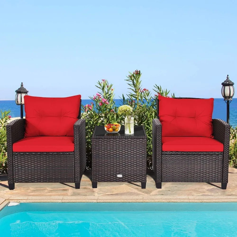 3 Pieces Patio Conversation Set Rattan Wicker Furniture Set Outdoor Bistro Set Garden Sofa Chair with Washable Cushio