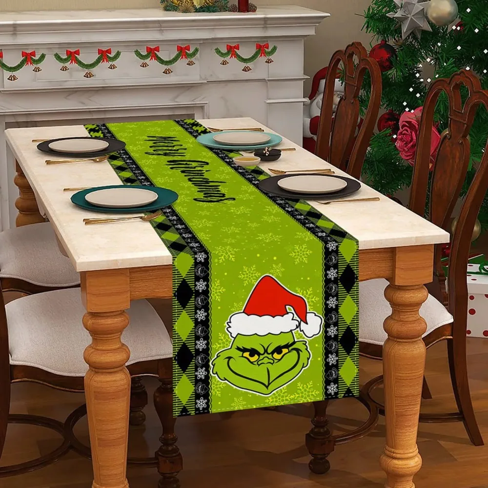 33x180cm Linen Green Christmas Table Runner Tablecloth Christmas Xmas Winter Holiday Home Kitchen Dining Room Table Decoration