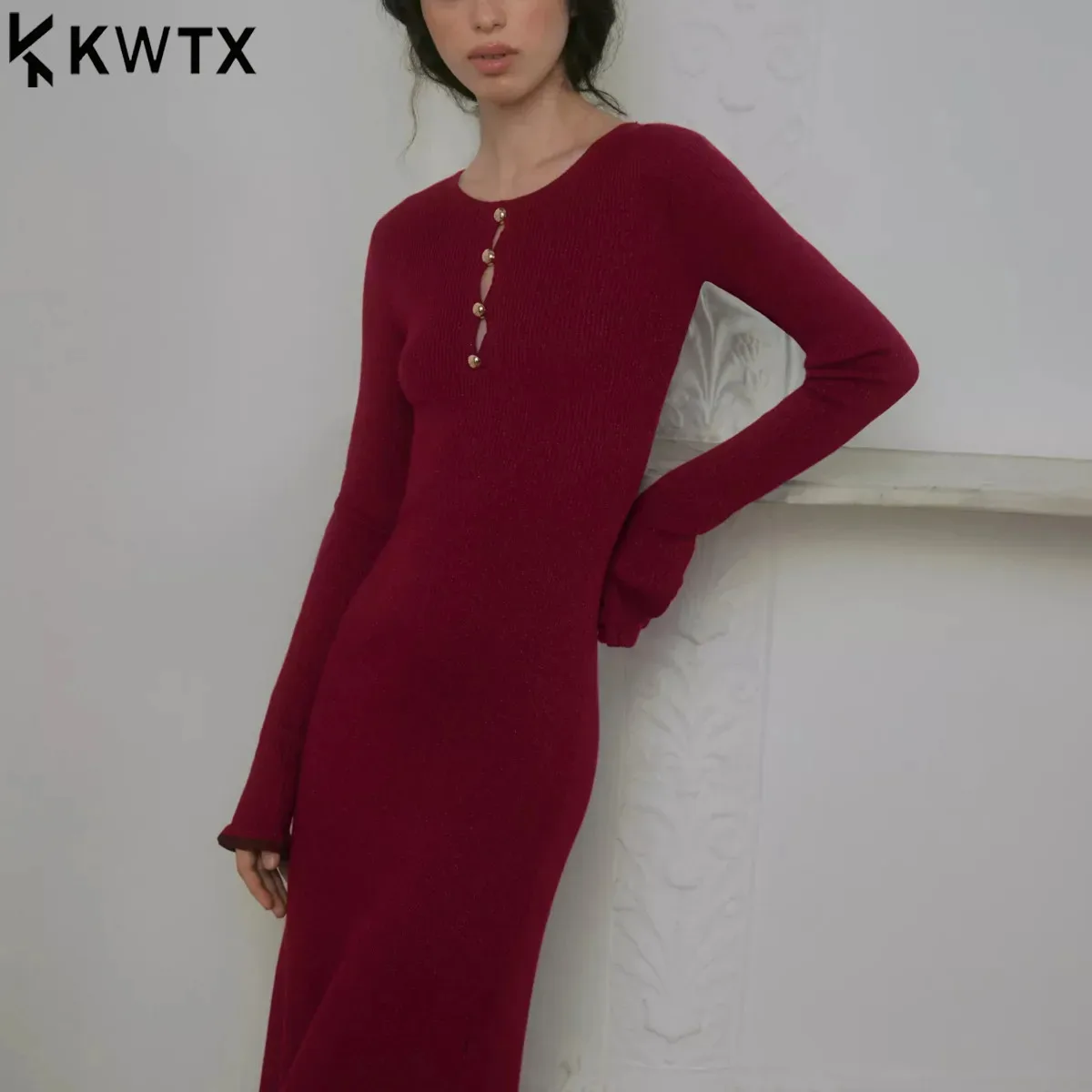 

KWTX Spring Summer 2026 French Heavy Work Rib Knit Round Neck Metal Button Lace Up Bodycon Slit Flare Sleeve Dress Blouse Top