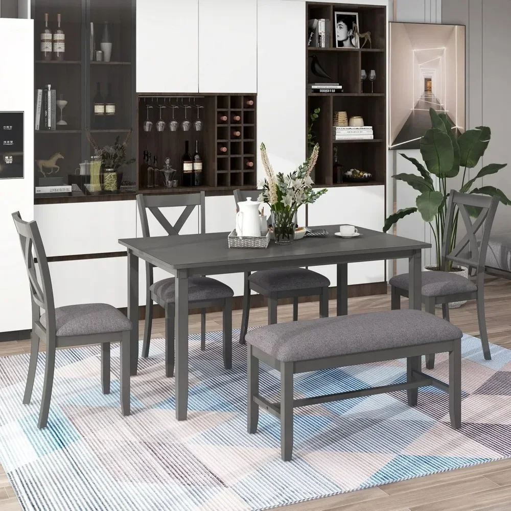 Dining Table Set for 6 with 1 Bench and 4 Upholstered Dinier Chairs, Modern Wood Farmhouse Dining Room Set