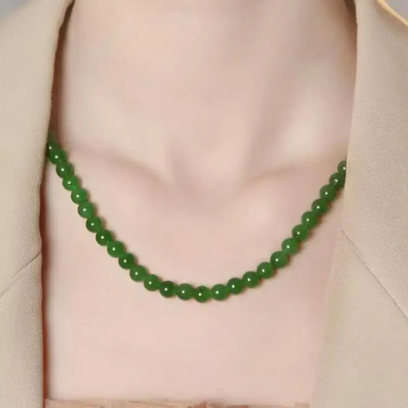 Natural Green Jade Necklace Women Fine Jewelry Genuine Chinese Hetian Jades High Ice Grade A Nephrite Round Bead Beaded Necklace