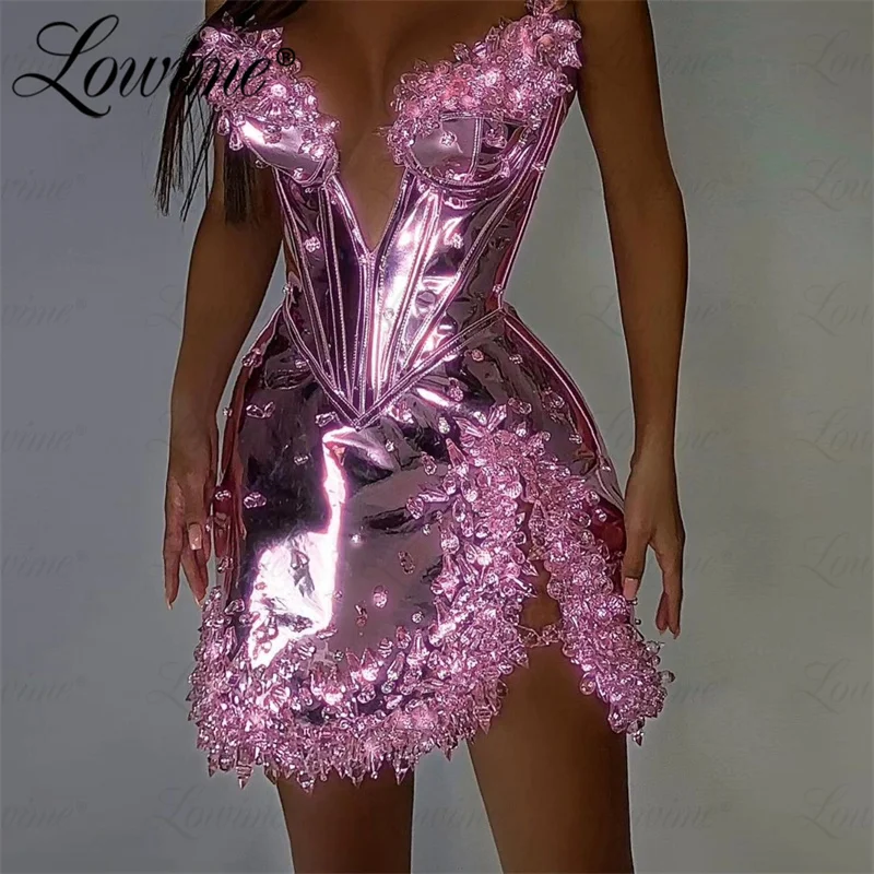 Shiny Fabric Hot Pink Silver Full Crystal Short Party Dress Sexy Cocktail Dresses Beading 2024 Prom Dress Customized Club Wear