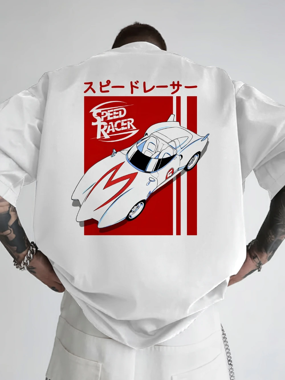 Camiseta gráfica de corrida de velocidade de personagem de desenho animado vintage velocidade racer mach 5 velocidade racer animação verão impressão traseira moda na moda