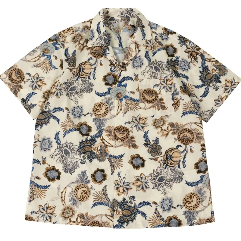 Elegant Blue Brown Floral Shirts Single Breasted Cuba Lapel Shirt Men Women Large Size Loose Casual Camisa Summer Fashion Street