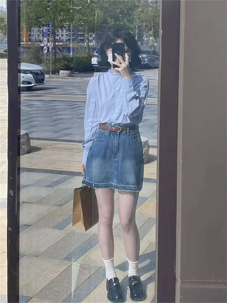 

Юбка А-силуэта с высокой талией, женская джинсовая юбка, новинка весеннего сезона, ретро-стиль, стройнящая, сексуальная, средней длины, повседневная, модная