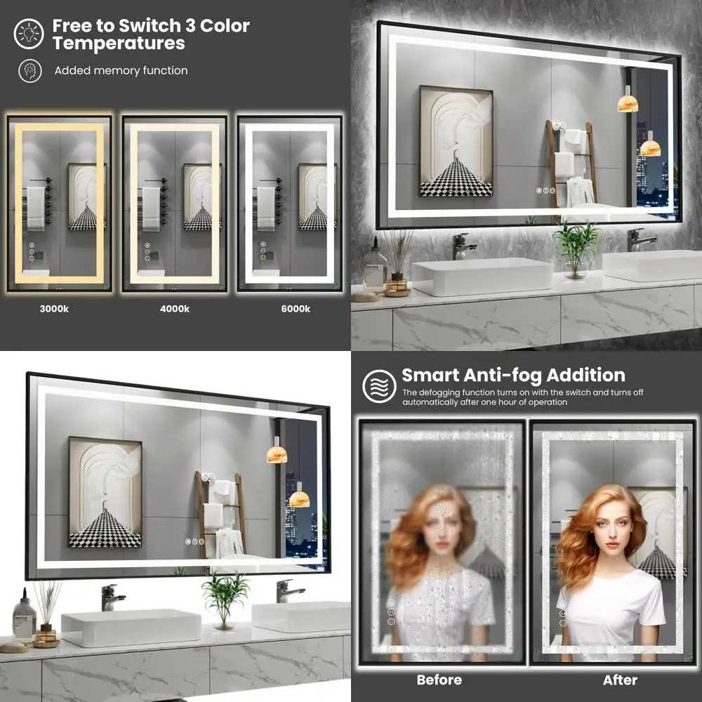 

Черное светодиодное зеркало для ванной комнаты 48x30 дюймов с передней и задней подсветкой, бесступенчатая регулировка яркости, противотуманное, небьющееся, функция памяти