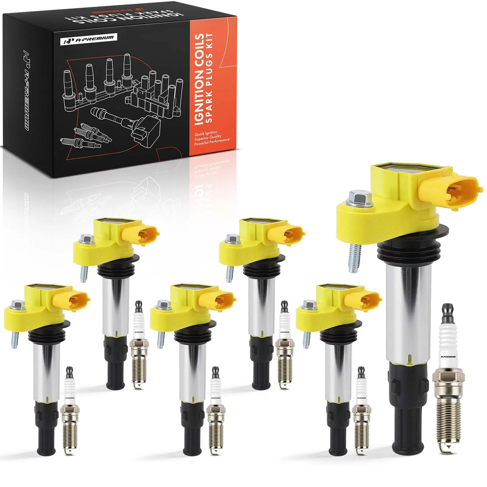 A-Premium 6x Yellow Ignition Coils & 6x Iridium + Platinum Spark Plugs Kits for Chevy GMC