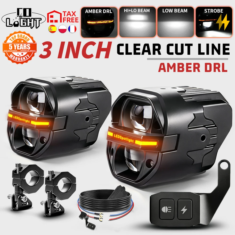 COLIGHT Nuova Luce Ausiliaria a LED per Moto, Faro Spot da 3 Pollici, DRL Ambra, Fascio Alto/Basso, Strobo, Linea di Taglio Nitida, Fari Antinebbia per Uso Offroad