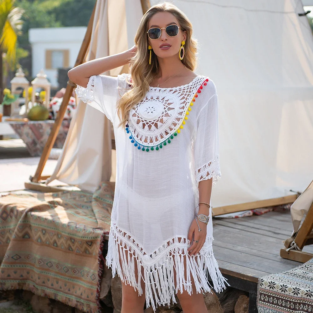 MOONBIFFY Bikini Cover Up With Fringe Trim Women Sexy Hollow Tunic Beach Dress Summer Bathing Suit Beachwear