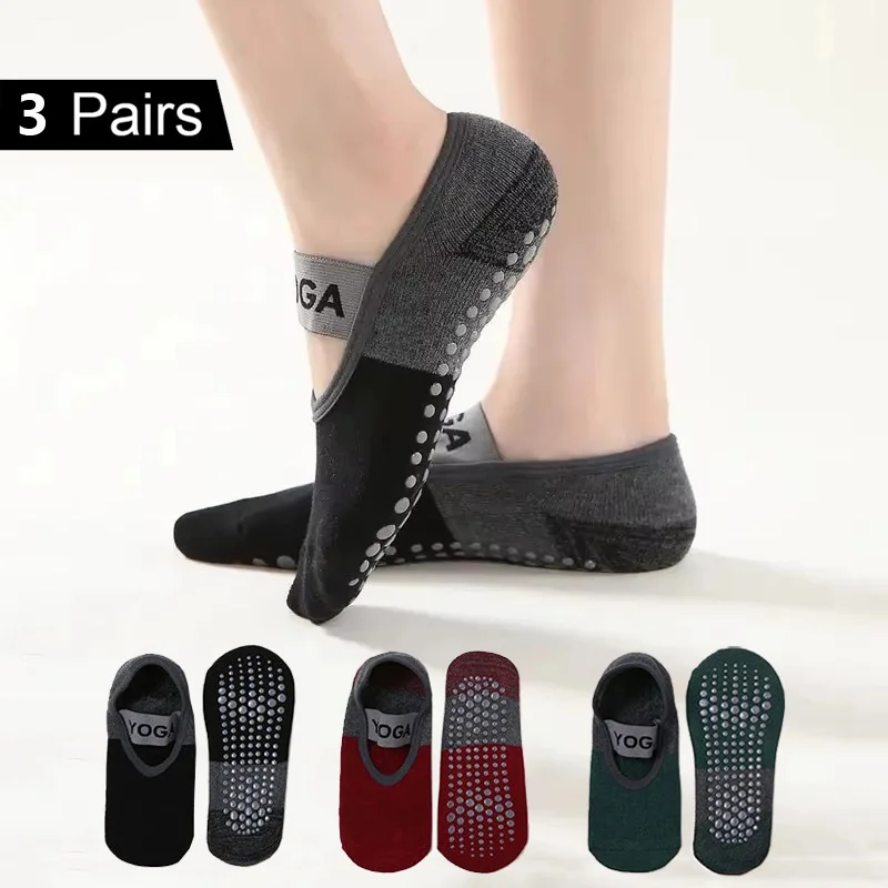 3 Pairs Women Anti-slip Yoga Socks Backless Bandage Pilates Socks Ladies Ballet Dance Fitness Slipper Cotton Sports Socks
