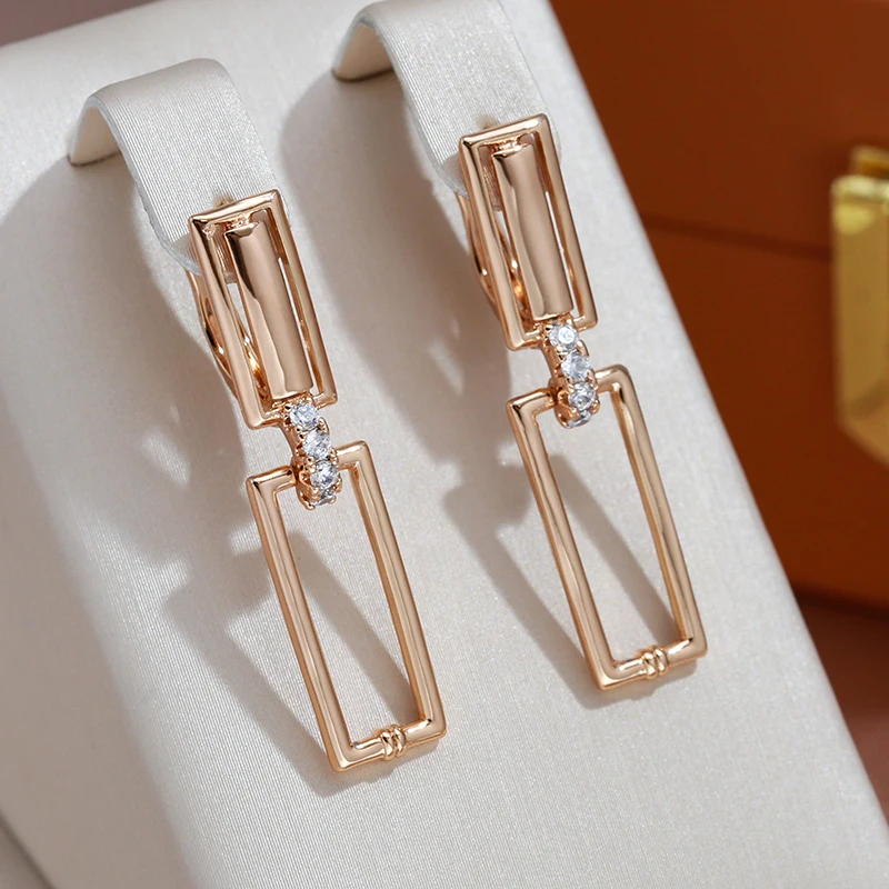 JULYDREAM Hollow Square Geometric Zircon Dangle Earring for Women Luxury Wedding Jewelry 585 Rose Gold Color Vintage Earrings