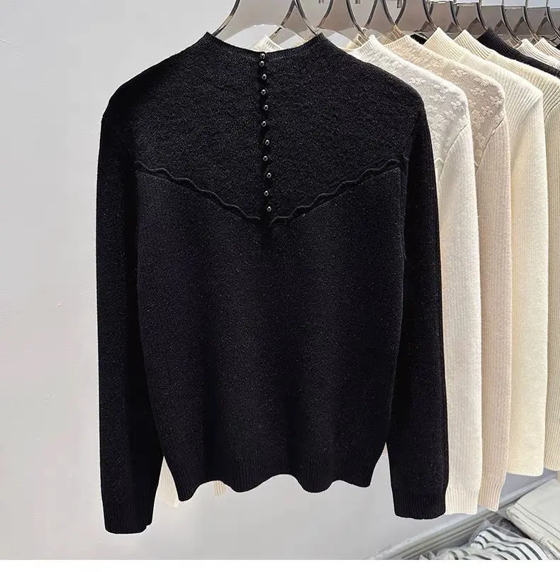 Women\'s Autumn and Winter New Semi High Collar One-piece Velvet Knitted Base Sweater with Added Velvet and Thickened Sweater Top