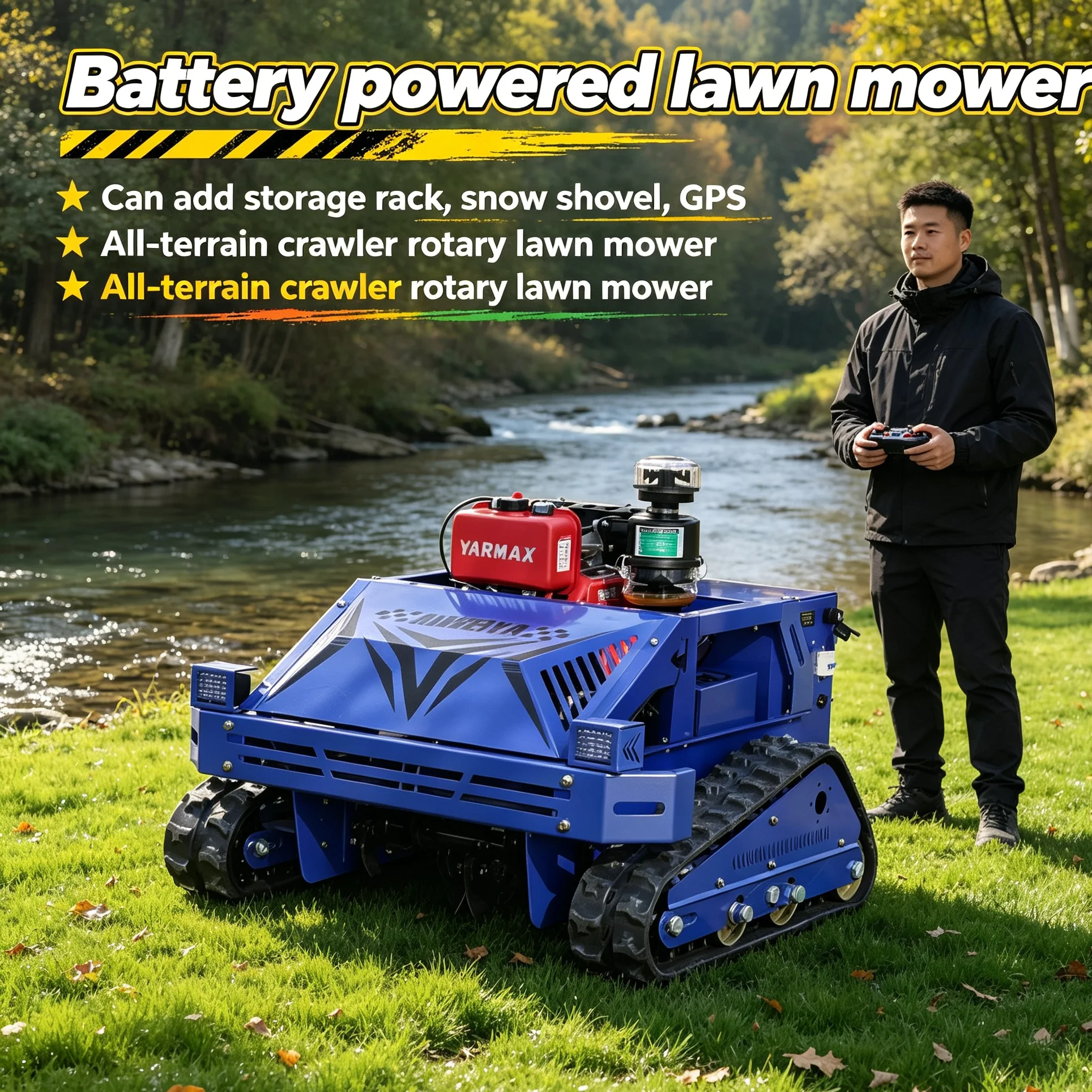 Customized CE All-terrain Crawler Mower with Storage Rack, reserved installation space for GPS module and real-time warning lamp