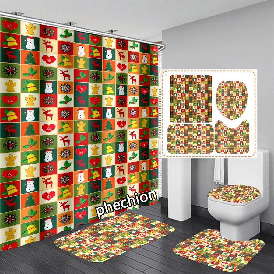 phechion New 3D Print Christmas Pattern Shower Curtain Waterproof Bathroom Curtain Anti-slip Bath Mat Set Toilet Rugs VR238