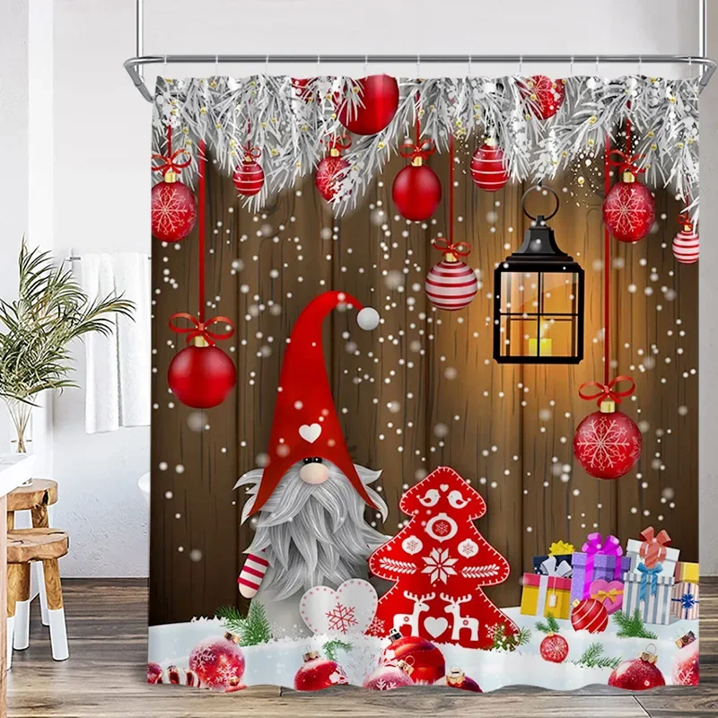 Red Santa Claus Shower Curtains Green Pine Bough Xmas Balls Snowflake Christmas Bath Curtain Set Home Bathroom Decor With Hooks