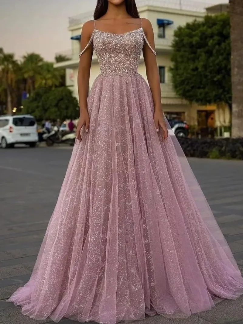 Robe de Soirée Personnalisée avec Bretelles en Paillettes, Tenue de Bal Longue, Sexy, Élégante, Fente Latérale, en Gaze, Couleur Unie, Forme Trapèze