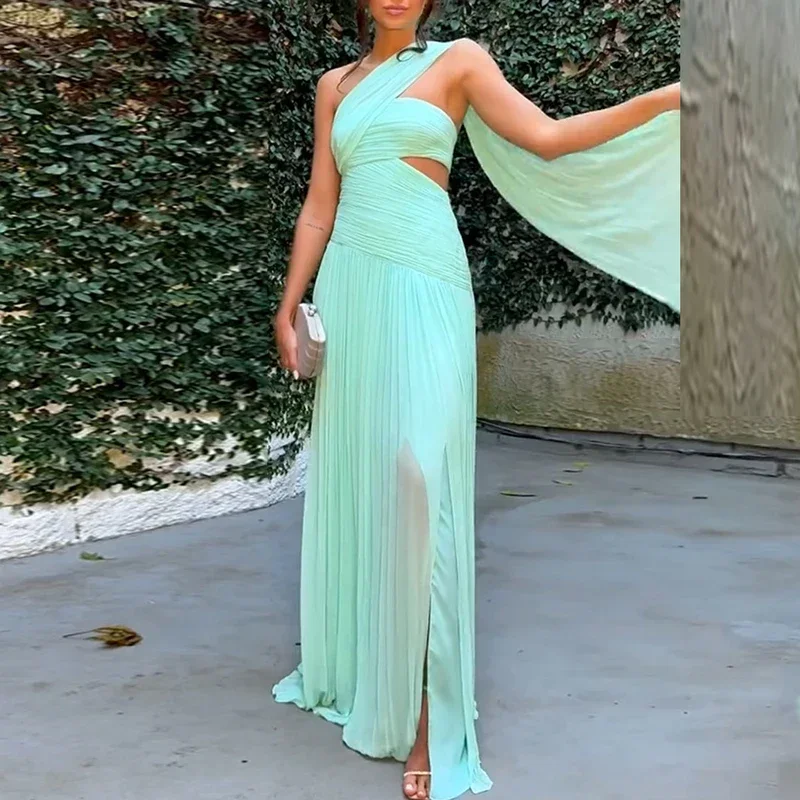 

Elegant Slim Solid Color Banquet Ribbon Long Dress Fashion Draped Tube Top Evening Dress Sexy Sleeveless Skew Collar Split Dress