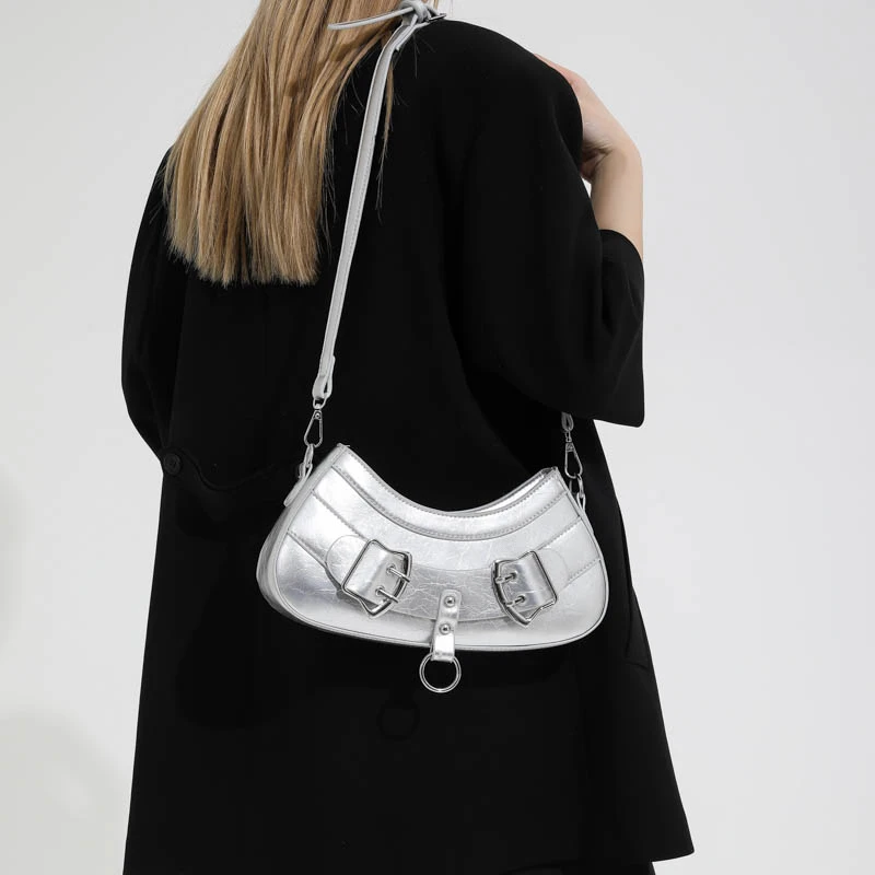 

Fashion Designer Girls Underarm Purse Women Locomotive Style PU Leather Silver Crossbody Shoulder Bag Commuter Handbag