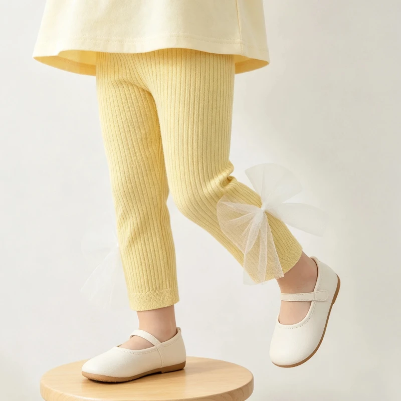 Lovely Girls Spring Autumn Nine Points Pants Adorned With Elegant Large Thin Tulle Streamer Bow Delicate Airy Knit Chic Leggings