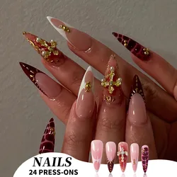 24Pc Long Stiletto Press on Nails Cherry Pink French False Nails with 3D Bow Pearls Design Detachable Acrylic Fake Nail Art Tips