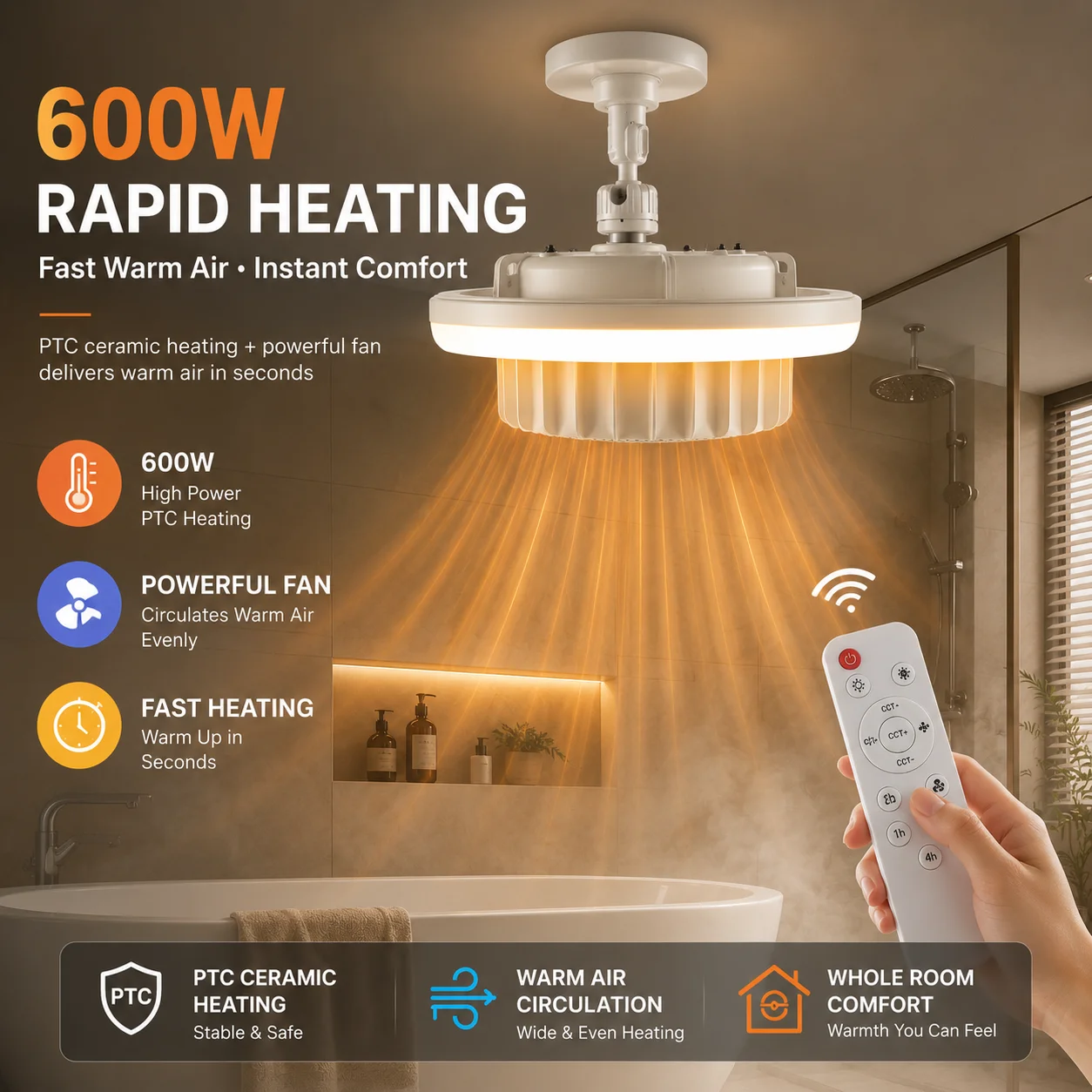 3-in-1 Bathroom Heater Fan Light 600W PTC Heating E27 Socket LED Ceiling Lamp with Remote Control And Timer 1H 2H 4H 3 Colors
