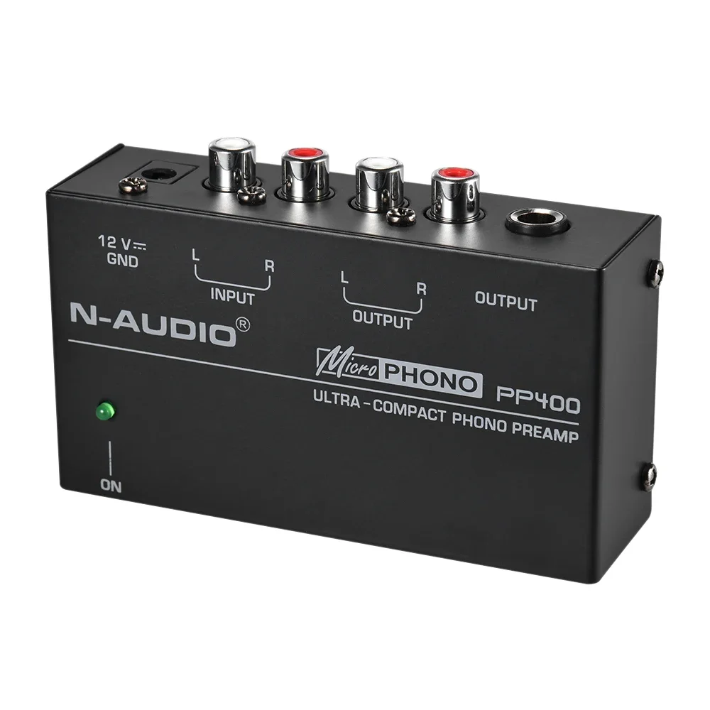 PP400 Phono Preamp Preamplifier  Input Output 1/4 inch TRS Output Interfaces Preamplificador with EU US Plug Ultra-Compact RCA