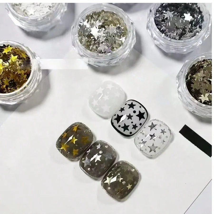 6 uds pegatinas de uñas de estrella, decoraciones de uñas de estrella dorada blanca y plateada, abalorio de uñas DIY para decoración de uñas