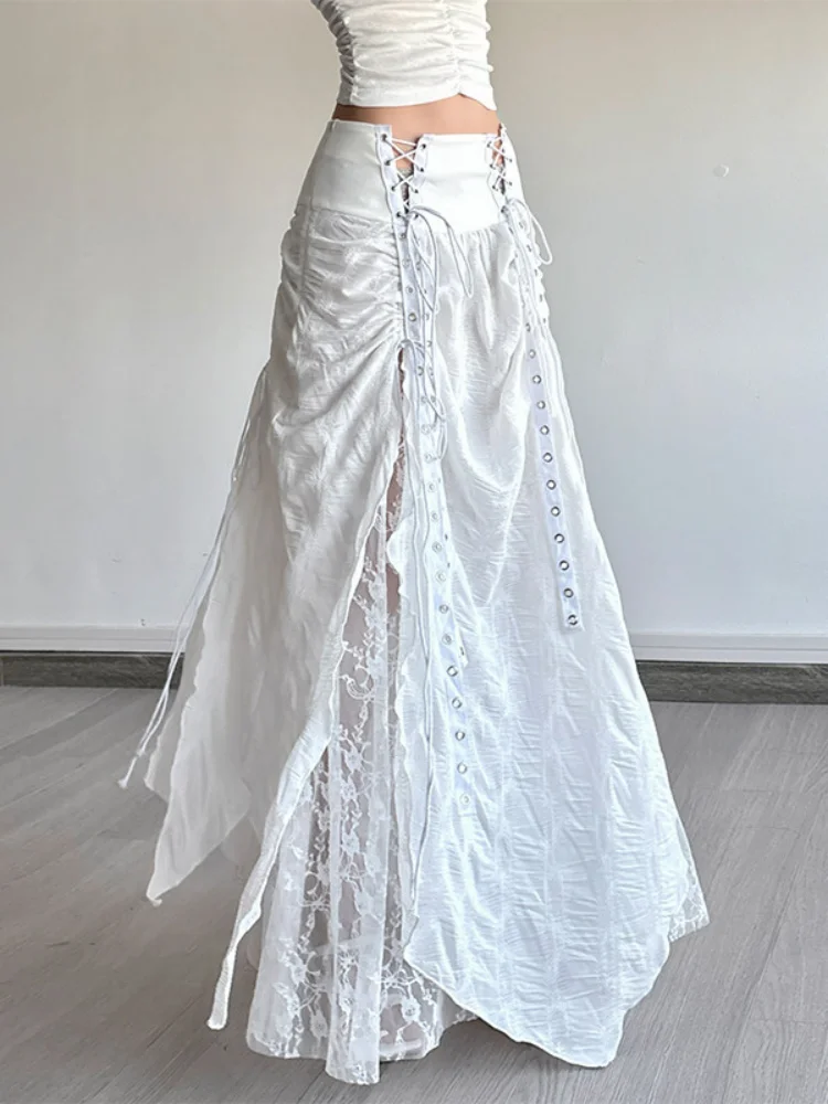 

Women Skirs 2026 New Unique Design Lace Up A Line Long Skirt Elegant White Lace Spliced Texture Maxi Skirt For Women