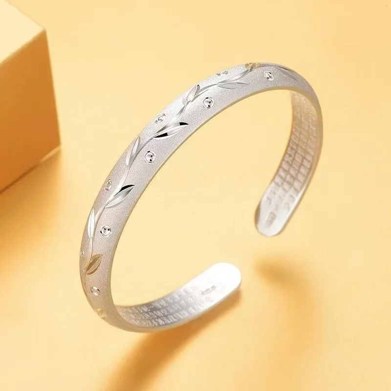 Ladies 999 Pure Silver Bangle, Leaf Carved Open Cuff Fine Silver Jewelry