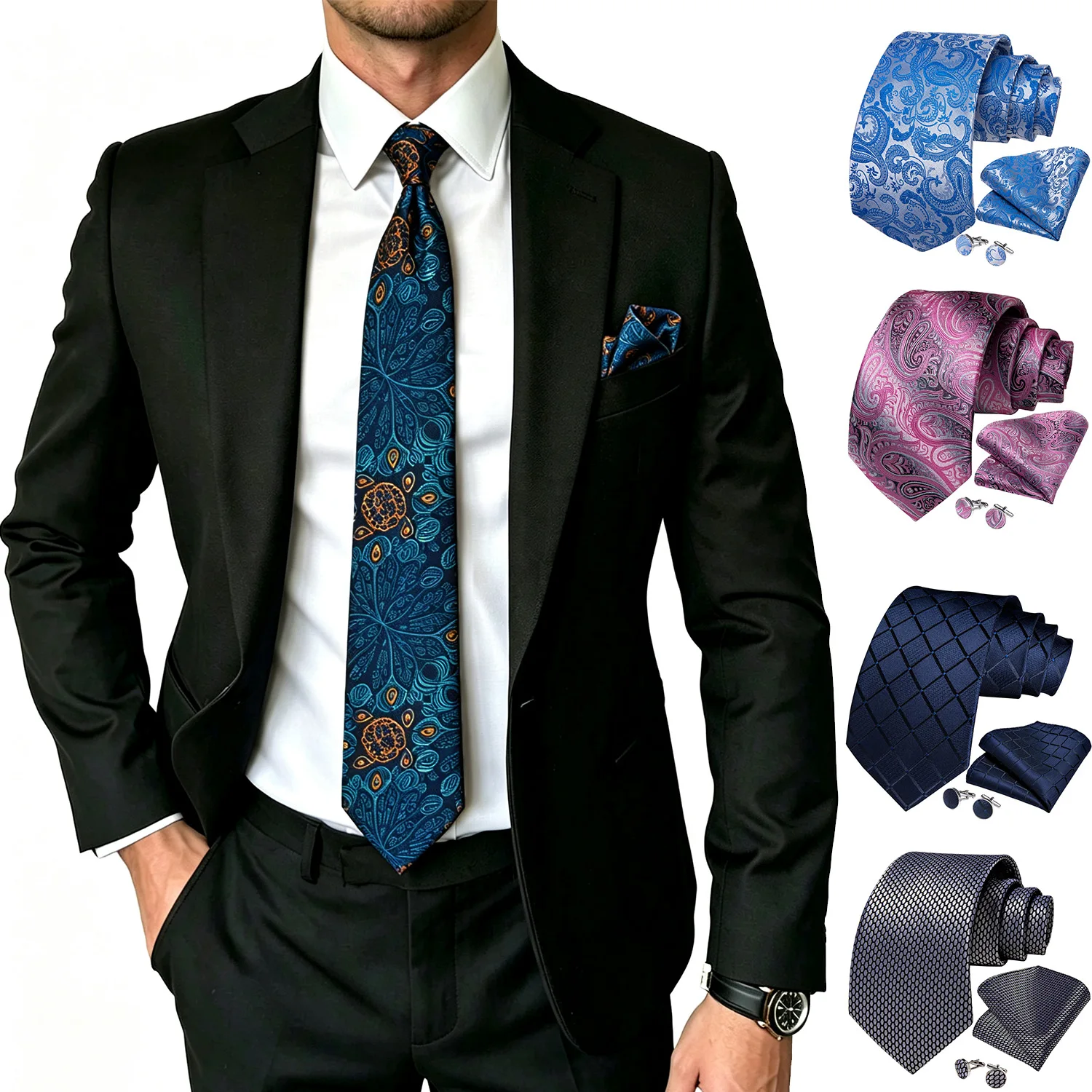 Premium Assorted Mens Necktie Set 3 Piece, Paisley Check Tie Pocket Square Cufflinks For Office Work