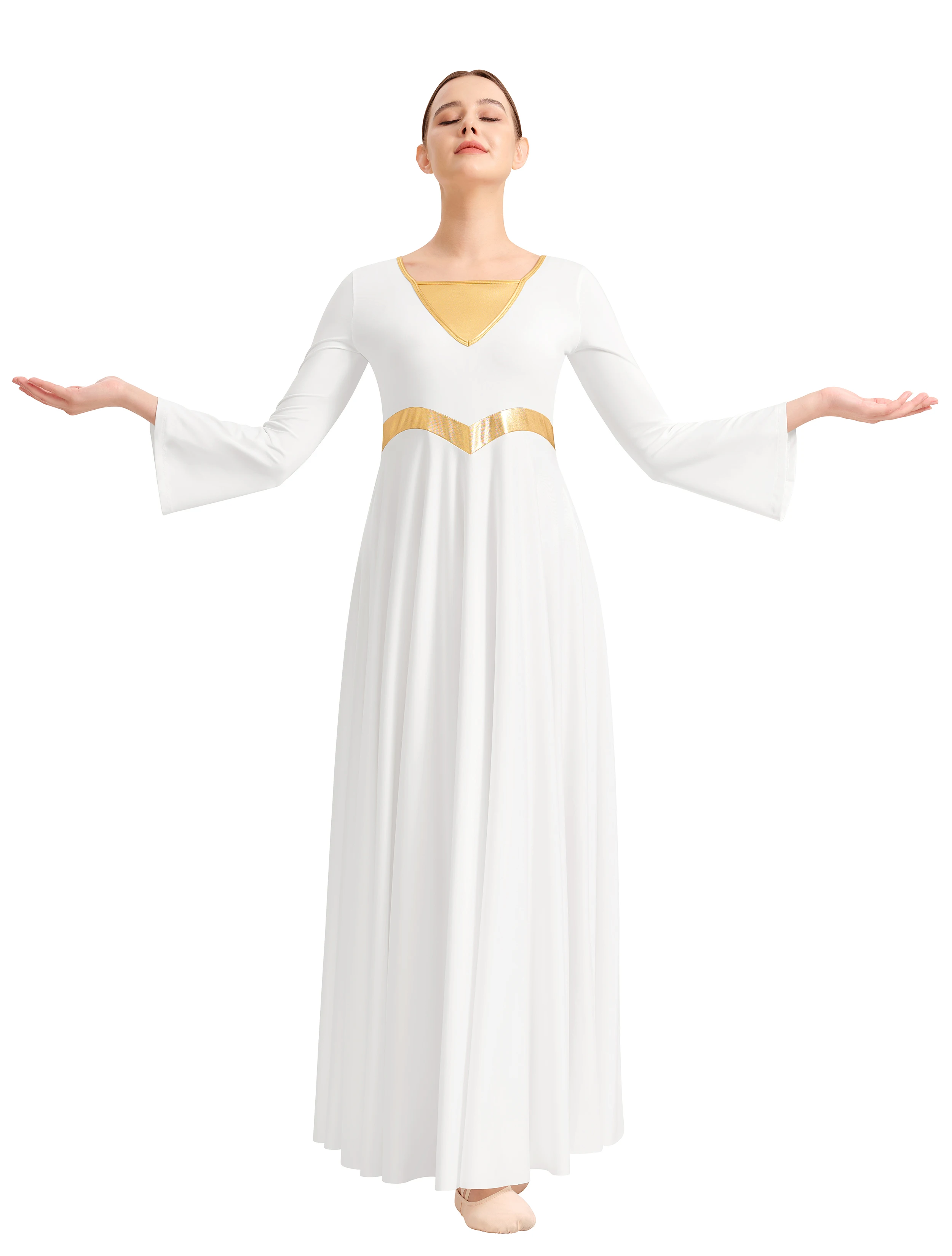 iWomen Abito da ballo di lode con giunture metalliche, taglio libero, costume liturgico da culto a maniche lunghe per adulti con gonna svasata svasata