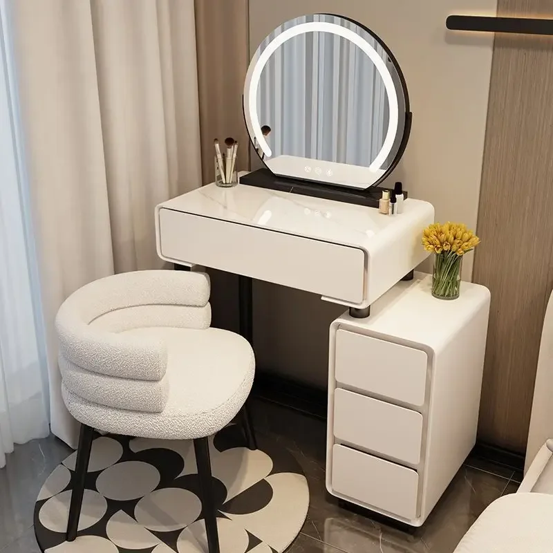 

ABCBedroom Solid Wood Dresser Slate Vanity Table Set With LED Round Mirror Small Home Dressing Table