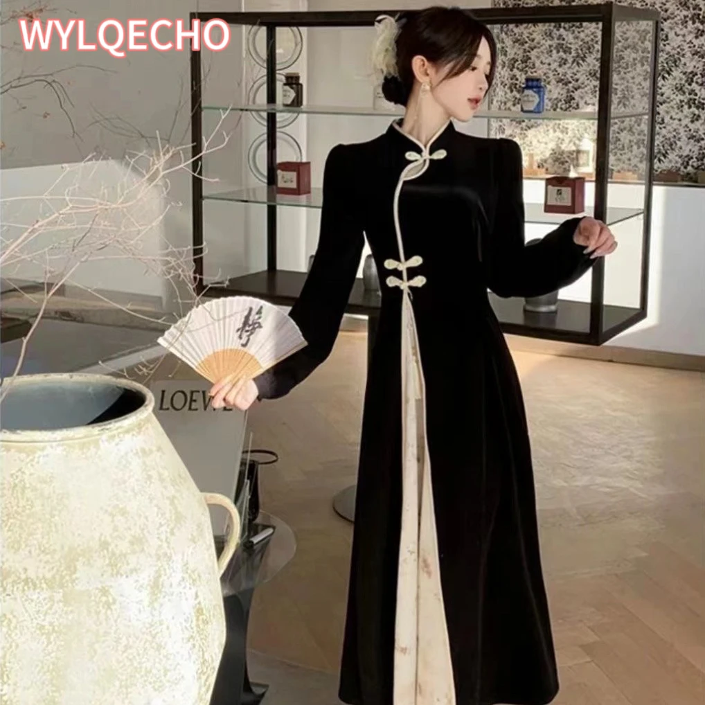 Modern Qipao Improved Cheongsam Chinese Dress Traditional Women's Clothing Autumn Winter Dark Patterned Jacquard Long Sleeve