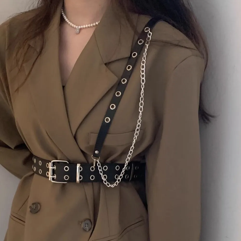 Harajuku JK Women Waist Belt Punk Gothic PU Leather Belt Chain Hip Hop Skirt Belt Suit Decoration