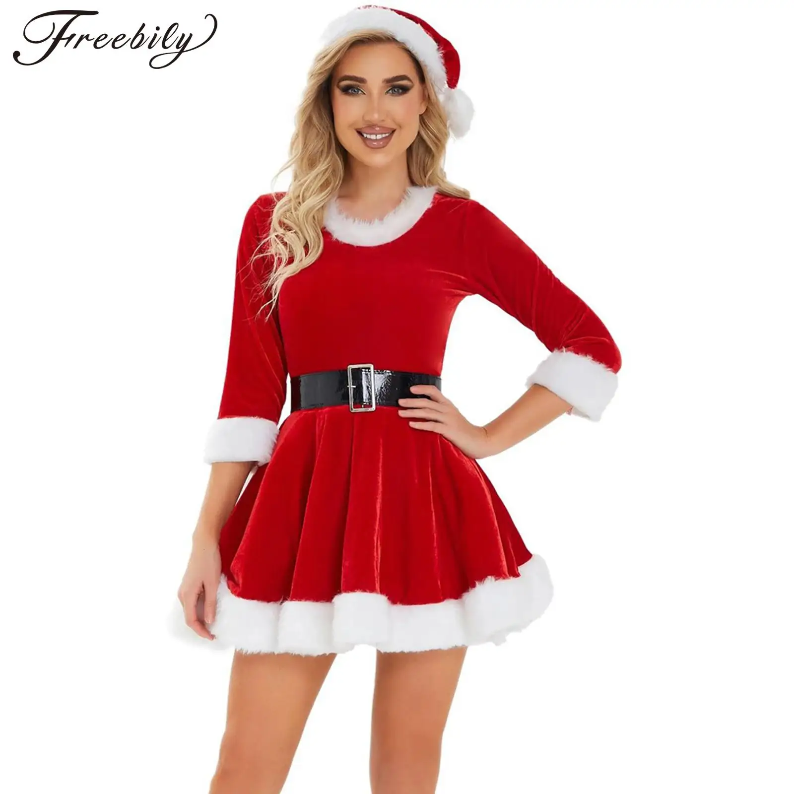 Christmas Lingerie for Women Sexy Santa Outfit 3 Piece Velvet Costume Babydoll Chemise Holiday Dress with Belt and Hat