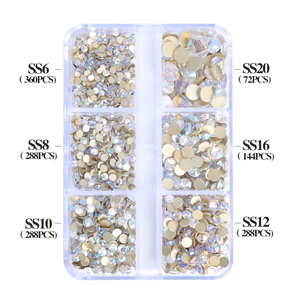 Gold bottom 6 grids/box non thermal fixed glass rhinestones SS6-SS20 mixed size flat crystal stone bonded diamond 3D nail art ac