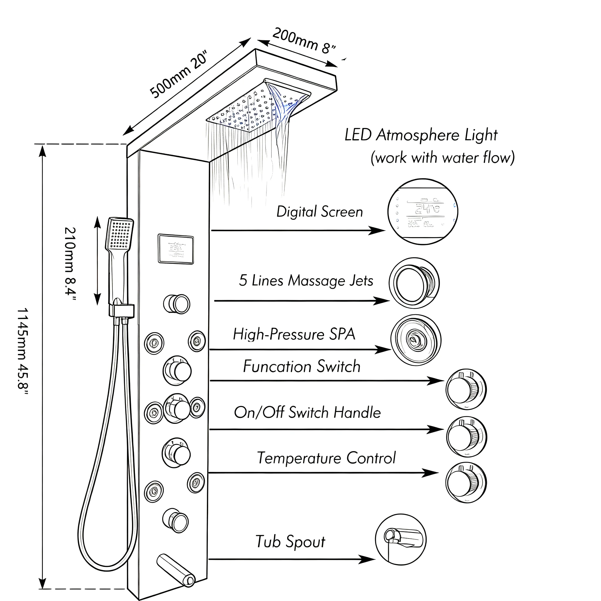 KEMAIDI LED Shower Panel Set Bathroom Rainfall Shower System Column Set Rain Massage Shower System Faucet  Luxury Outdoor