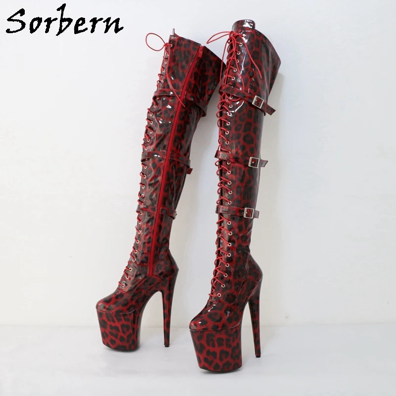 Sorbern Red Shiny Long Boots Women Pole Dance Stripper Heels Side Zipper Mid Thigh High Boot Over The Knee 20Cm Drag Queen