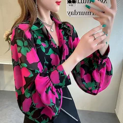 Elegant Lapel Loose Printed Lantern Sleeve Shirt Women's Clothing 2023 Spring Summer New Casual Tops Office Lady Chiffon Blouse