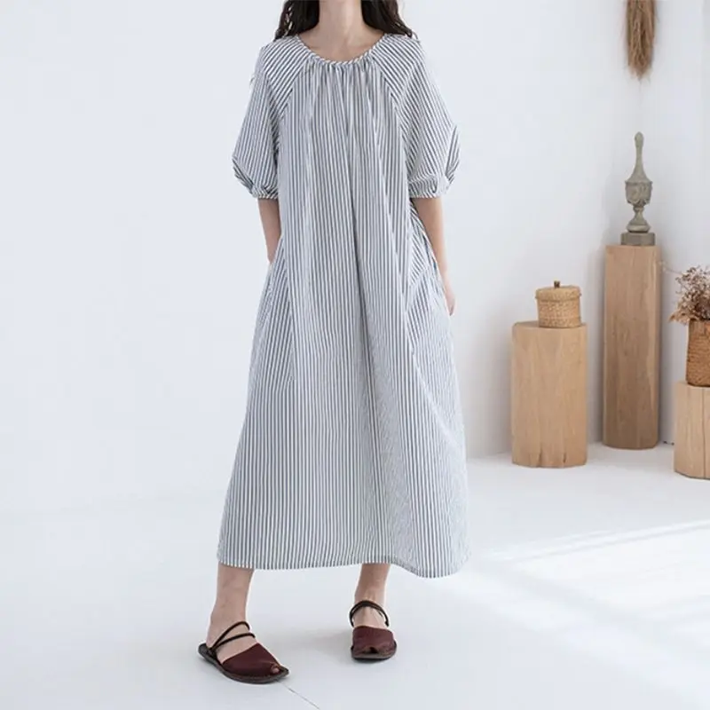 

Women 2024 Summer New Fashion Striped Short Sleeve Dress Female O-neck Loose Vestidos Ladies Long Casual A-line Dresses V102