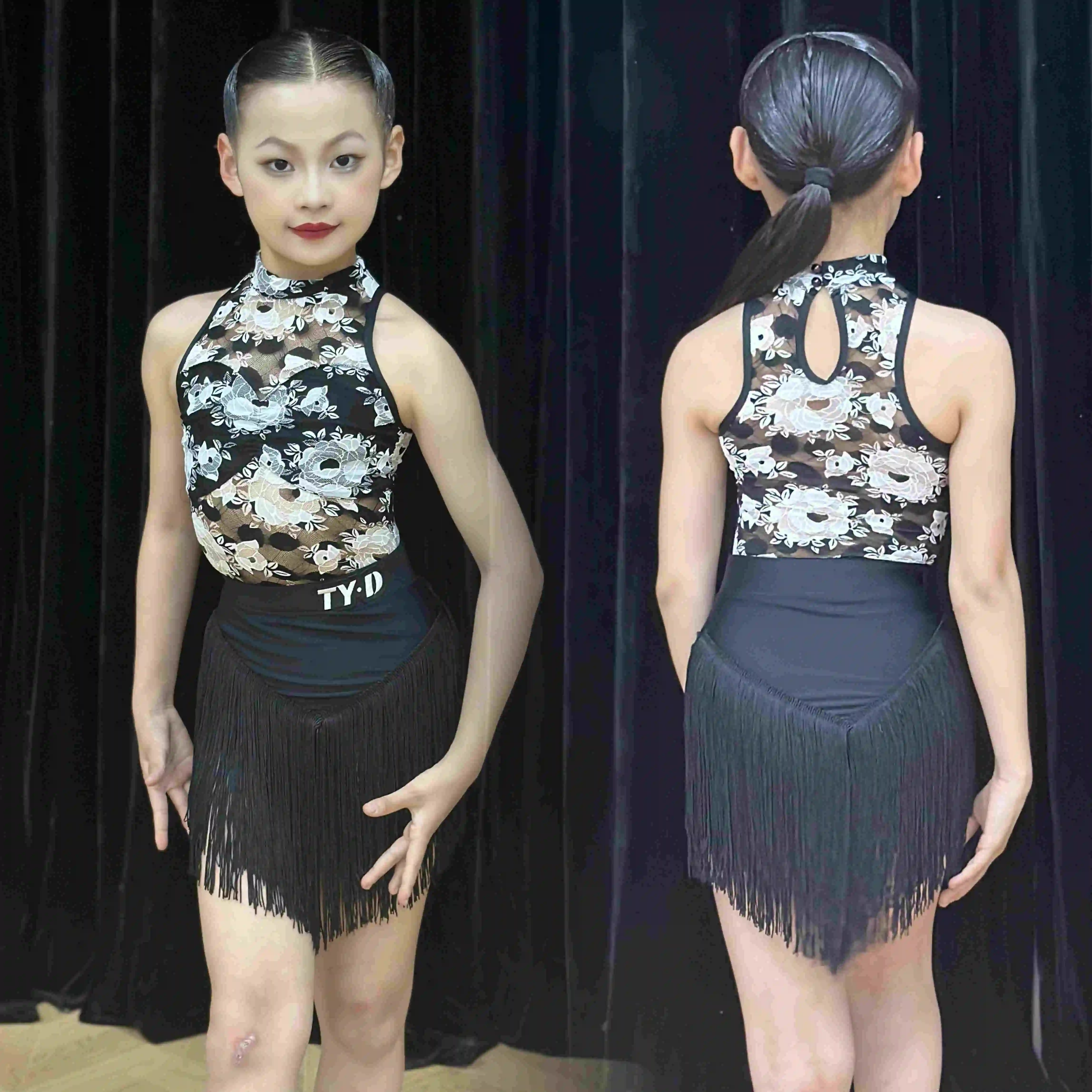 

Latin Dance Clothes Girls Rose Mesh Tops Black Fringed Skirt Sleeveless Performance Suit Chacha Rumba Dress Dance Wear DNV27114
