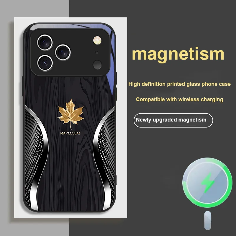 

For iPhone 17 Pro MAX AIR Magnetic Glass Phone Case Wood Grain Maple Leaf Texture Business Edition