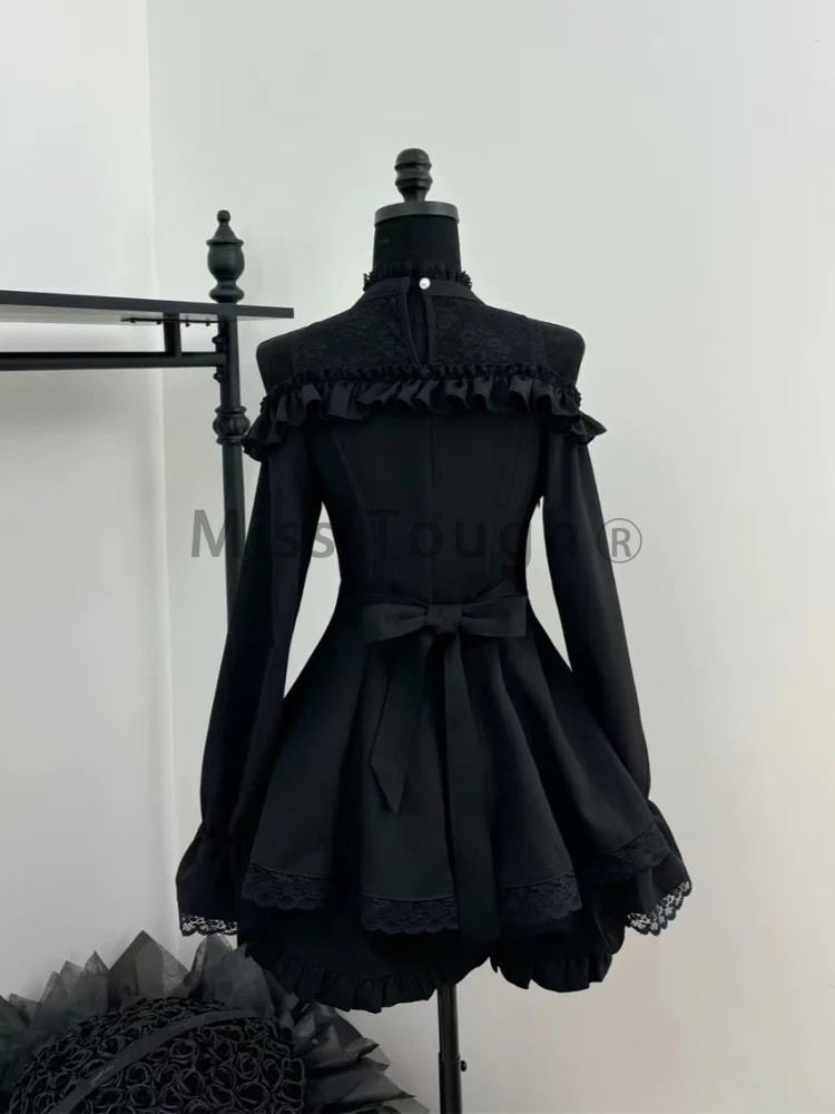 Winter Japanese Retro Black Two Piece Set Women Chic Lace Dress + High Waist Slim Pants New Dark Academia Y2k Lolita Suits 2024