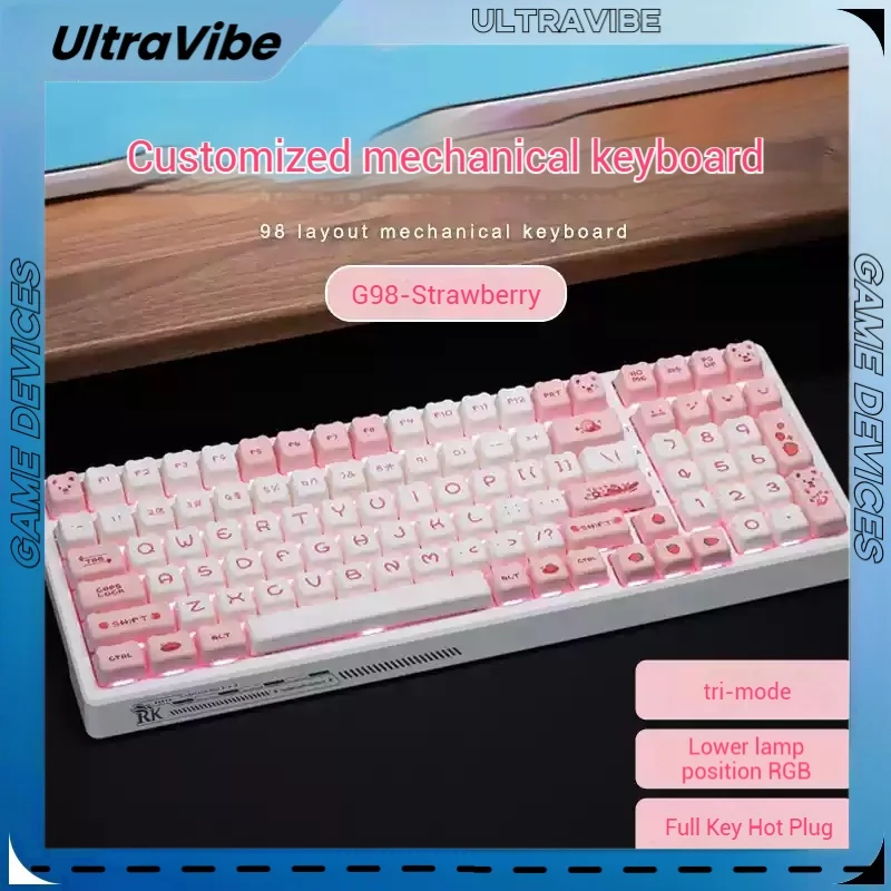 Rk G98 Pink Keyboard Mechanical Tri-Mode Hot Plug E-Sports Game Rgb Office Wired Wireless Bluetooth Keyboard Moa Profilekeyboard