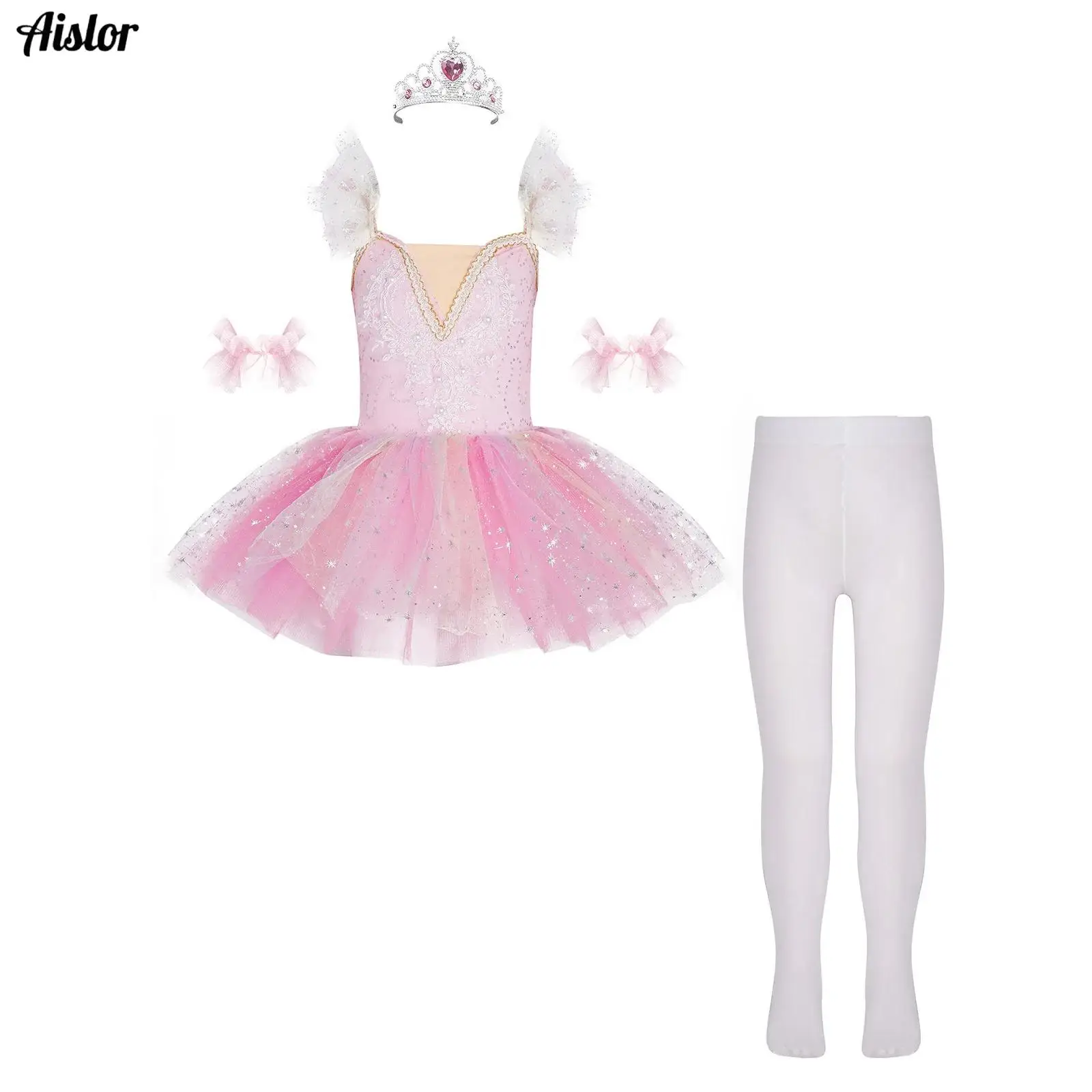 

Kids Girls Ballet Dance Dress Spaghetti Straps Ruffled Sleeves Applique Bodice Sequins Layered Tulle Tutu Dress+Cuffs+Pantyhose
